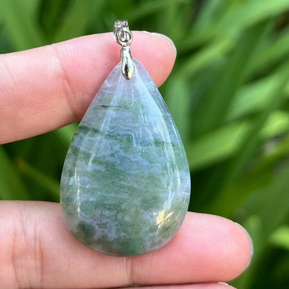Sterling silver 925 stamped teardrop moss agate pendant‎